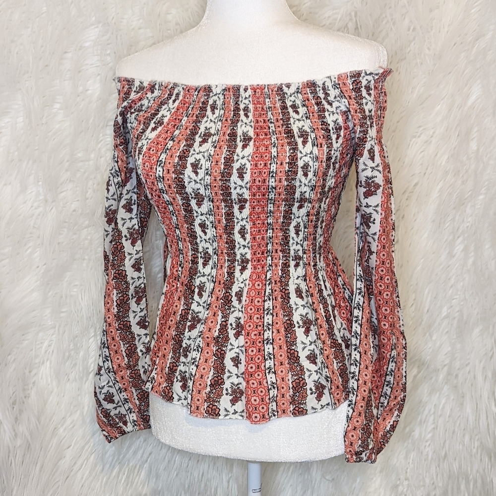 Japna ☆ NWT Women's XS Boho Floral Pleated Long Sleeve Top Flared Bottom - Picture 1 of 9